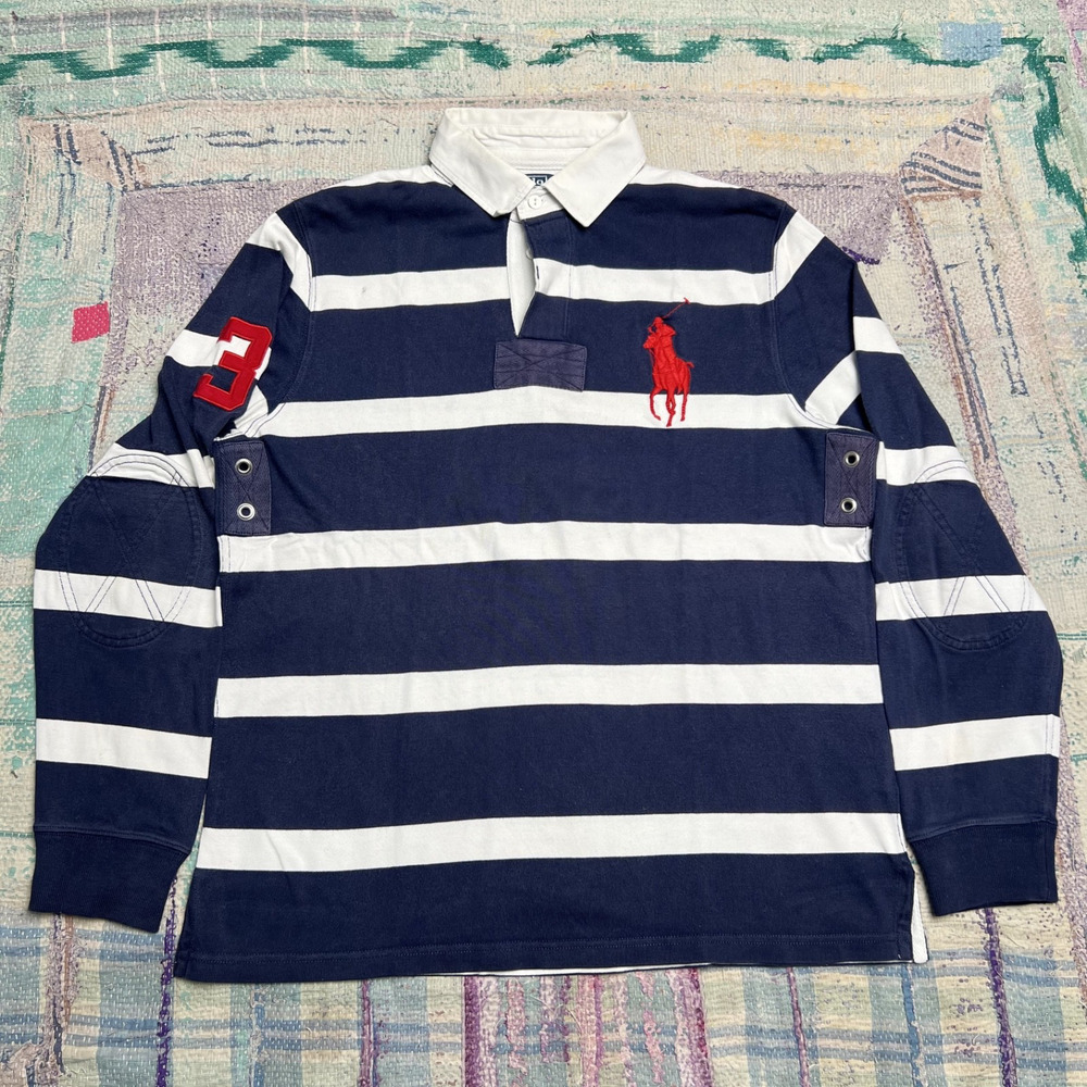 Vintage Polo Ralph Lauren Rugby Srtiped Shirt Big Pony 3 Longsleeve Men's Size L